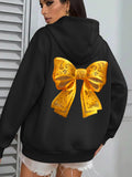 Women's Hoodie Radiant Gold Patterned Satin Ribbon On Luxurious Black Hoodie Bow