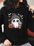 Women's Hoodie Cute Whimsical Ghost With Autumn Hat Bats Pumpkin Latte Surrounded By Stars Ghost