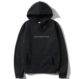 Men's Hoodie Good Behavior Minimalist White Lettering On Plain Black Hoodie