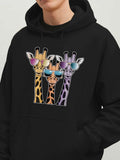 Men's Hoodie Stylish Trio Of Giraffes With Colorful Sunglasses On Black Hoodie Giraffe