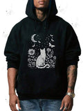 Men's Hoodie Full Moon Night Surrounded By Flowers And Mystical Cat