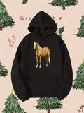Men's Hoodie Golden Horse Standing Gracefully Among Winter Evergreen Trees Horse