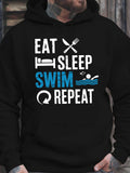 Men's Hoodie Eat Sleep Swim Repeat With Blue Waves And Swimming Figure