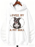 Men's Hoodie Loved By A Pit Bull Smiling Dog Within Sketched Circle Surrounded By Bold Lettering Pit Bull
