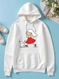 Men's Hoodie Happy Girl With Long White Hair Wearing Red Dress Walking With Cute Pet Cat