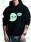 Men's Hoodie Cute Glowing Green Cartoon Ghost With Speech Bubble Saying Boo