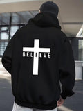 Men's Hoodie Believe Bold White Cross Against Solid Black Hoodie