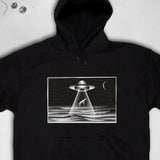 Men's Hoodie Beam Of Light Over Ocean With Leaping Dolphin And Crescent Moon Spaceship