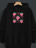 Men's Hoodie Pink Dotted Grid Pattern With Sweet Cartoon Strawberries Hooded Sweatshirt