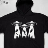Men's Hoodie Alien Spaceships With Beams Abducting Dinosaurs Over Pine Forest
