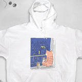 Men's Hoodie Nighttime City View With Cat Gazing Out Window And Coffee Cup