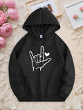 Men's Hoodie Line Art Hand Making Love Sign With Floating Heart Symbol Hoodie