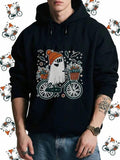Men's Hoodie Cozy Autumn Ghost Wearing Hat Riding Bicycle Surrounded By Leaves Bike
