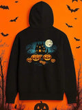 Men's Hoodie Glowing Moonlit Night With Pumpkins And Haunted House