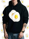 Men's Hoodie Sunny Side Up Double Fried Eggs On Black Hoodie Surrounded By Cartoon Egg Pattern