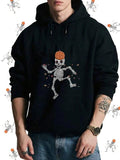 Men's Hoodie Dancing Skeleton With Pumpkin Head Surrounded By Scattered Autumn Leaves Skeleton