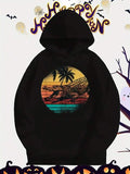 Men's Hoodie Vintage Sunset With Palm Trees And Resting Alligator Beach