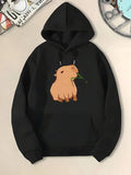 Men's Hoodie Gentle Cartoon Style Capybara Munching On Green Leaf Under Soft Light Capybara