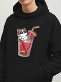 Men's Hoodie Relaxed Cat With Watermelon Slices In Summer Drink Glass