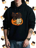 Men's Hoodie Grinning Pumpkin With Black Cat Resting On Halloween Night