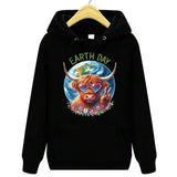 Men's Hoodie Earth Day Hippie Cow With Flowers And Planet Background