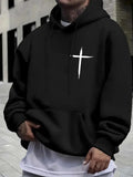 Men's Hoodie Minimalist White Cross Symbol On Matte Black Cotton Hoodie