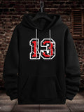 Men's Hoodie Red White Outlined Number Patterned Black Hoodie Thirteen