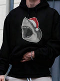 Men's Hoodie Cartoon Shark Wearing Santa Hat Festive Holiday Christmas Cheer Shark