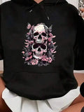 Men's Hoodie Delicate Pink Flowers Among Lush Leaves Surrounding Twin Skulls