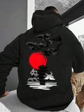 Men's Hoodie Dramatic Red Sun Behind Silhouetted Pagoda With Flowing Water Reflection