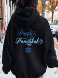 Women's Hoodie Happy Hanukkah Blue Festive Lettering And Star Of David Hoodie