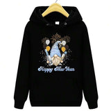 Men's Hoodie Happy New Year Blue Balloons With Fireworks Surrounding A Festive Gnome