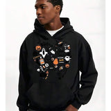 Men's Hoodie Halloween Icons Spooky Night With Ghosts Pumpkins And Candy Cat