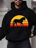 Men's Hoodie Golden Sunset Horizon With Silhouette Of Grazing Graceful Horse
