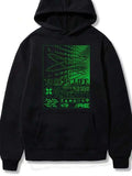 Men's Hoodie Green Neon Digital Grid With Futuristic Elements On Black Hoodie