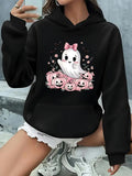 Women's Hoodie Adorable Ghost With Pink Pumpkins Flowers And Bow Surrounded By Stars