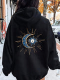 Women's Hoodie Celestial Night Blue Moon And Sun Surrounded By Golden Starburst