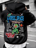 Men's Hoodie Cosmic Space Among Planets And Flying Saucers Featuring A Playful Green Alien