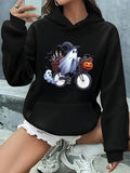Women's Hoodie Halloween Ghost Witch Hat Riding A Bicycle With Pumpkin Basket
