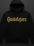 Men's Hoodie Gold Gothic Typeface On Simple Black Hooded Sweatshirt Guadalajara
