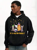 Men's Hoodie Its My Birthday Festive Cats Wearing Party Hats Among Gold Stars