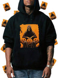 Men's Hoodie Hooded Figure With Glowing Orange Pumpkins And Shadowy Halloween Atmosphere