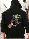 Men's Hoodie Trick Or Treat Halloween Night With Witch Hat Flying Cat