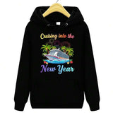 Men's Hoodie Cruising Into The New Year Tropical Night With Palm Trees And Cruise Ship