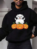 Men's Hoodie Playful White Dog Among Jack O Lantern Pumpkins Halloween