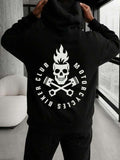 Men's Hoodie Flaming Skull With Crossed Pistons Surrounded By Circular Motorcycle Biker Club