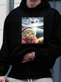 Men's Hoodie Festive Cat Wearing Santa Hat With Reindeer Sleigh In Snowy Winter Night Sky Cat