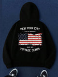 Men's Hoodie New York City With Vintage Denim Worn American Flag Detail Hoodie