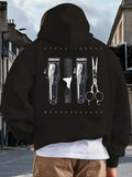 Men's Hoodie Professional Hair Styling Tools Among Modern Cityscape Barbershop Equipment