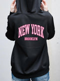 Women's Hoodie New York Brooklyn Bold Typography On Sleek Urban Black Hoodie